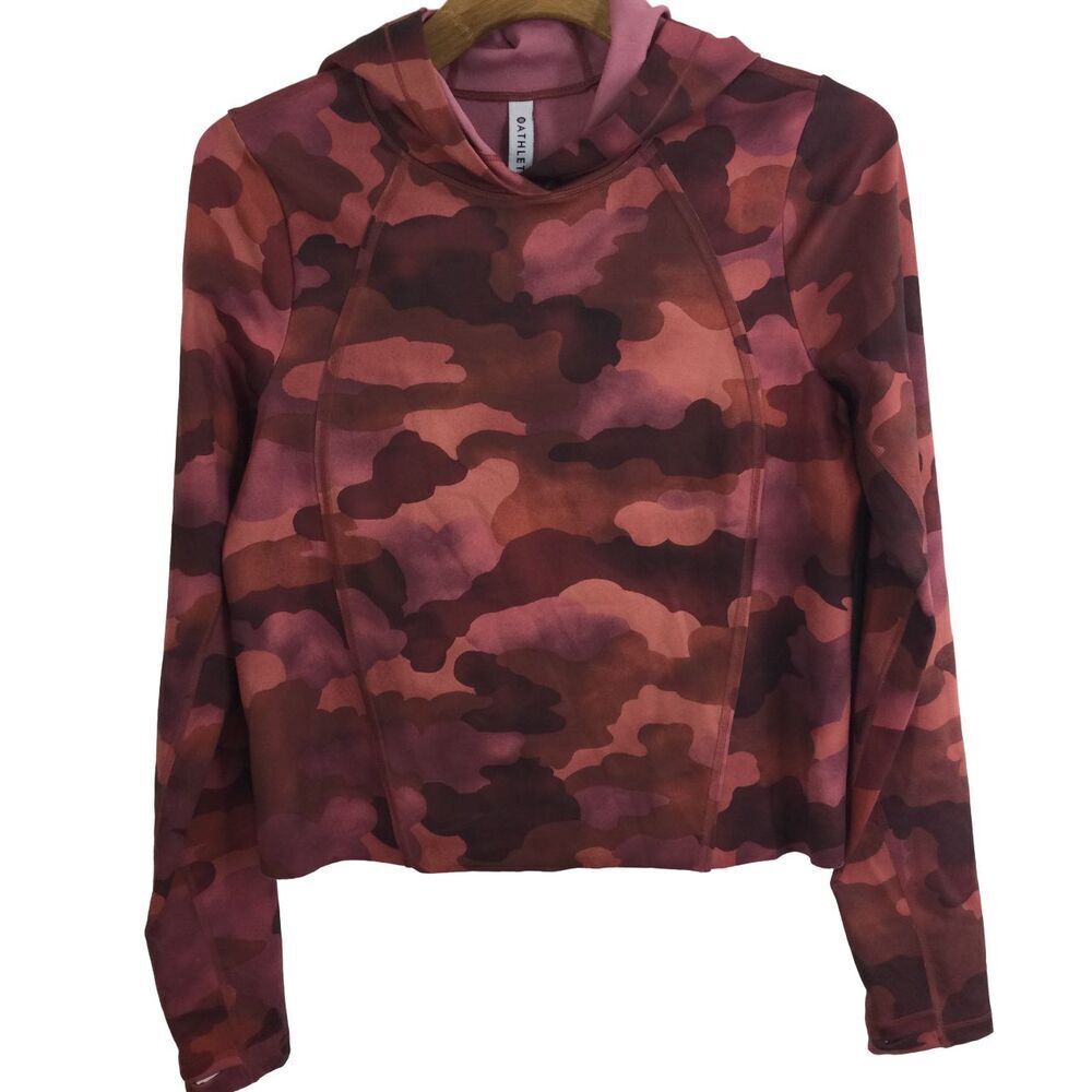 Athleta Womens Pinnacle Camo Cropped Hooded Pullover Hoodie Red Size Small